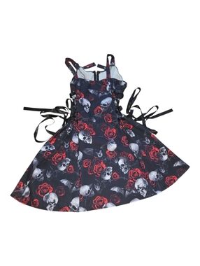 Skull & Red Rose Gothic A-Line Dress Size L